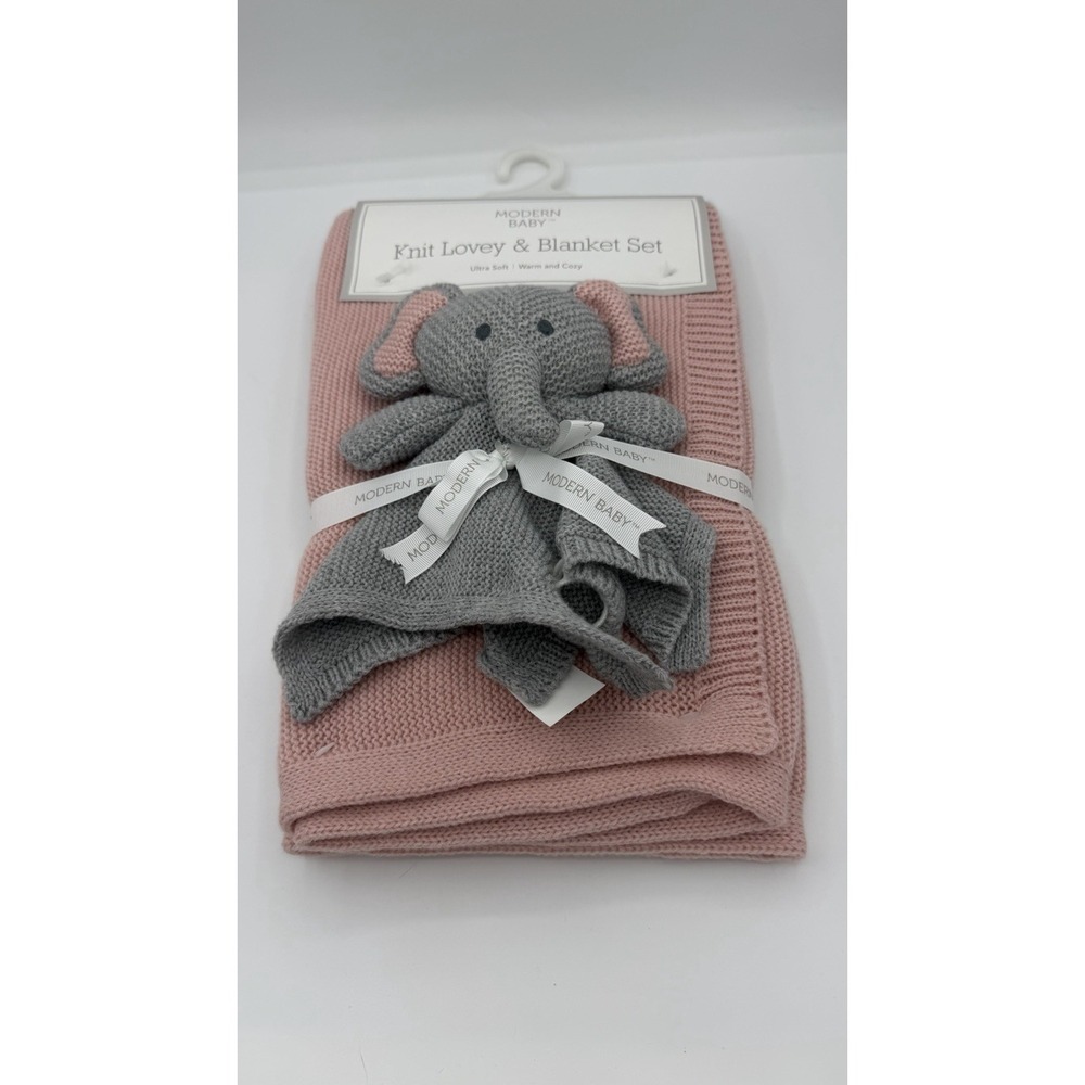 Modern Baby Knit Lovey Elephant Security Blanket Pink & Gray Plush Soft Blanket